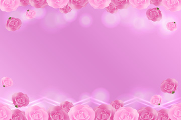 pink roses border on pink background with space for text. illustration vector.