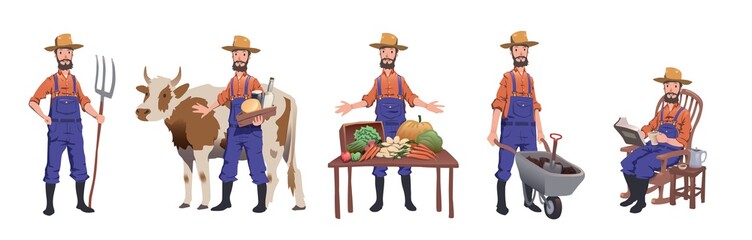 Farmer working at farm, caring for the cow, selling farm products and resting. Man character set, vector illustration, isolated on white background.