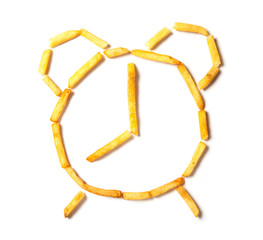 Time to get up and have breakfast. French fries in the form of the Alarm clock isolated on white background