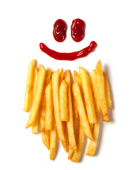 Beard of potatoes. French fries and a face with a smile from ketchup isolated on white background