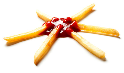 French fries and ketchup isolated on white background