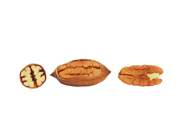 Fototapeta na wymiar Isolated Pecan nuts with detail on full section and core