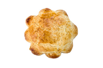 Pastelillo de cabello de ángel. Traditional Christmas sweet from Murcia, Spain, filled with spaghetti squash jam. White isolated.