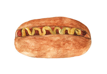 Hot dog with mustard isolated on white background, watercolor illustration