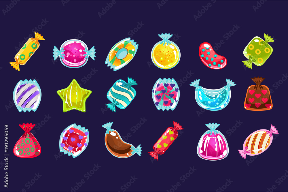 Poster collection of various colorful candies in glossy wrapper. flat vector design for computer or mobile 