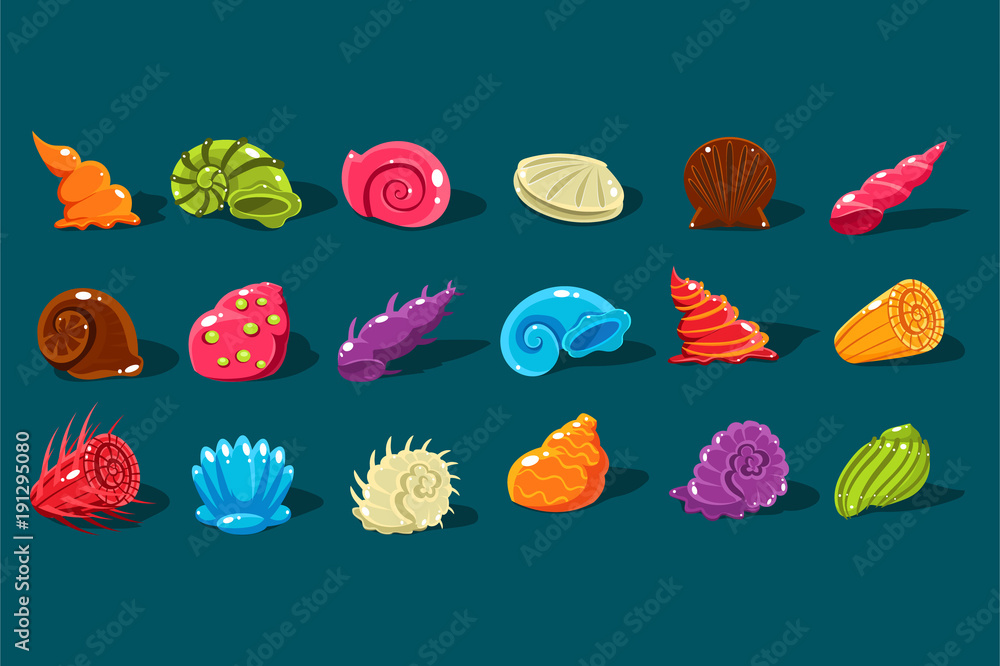 Poster cartoon set with shiny sea shells of different shapes and kinds. colorful aquarium decor objects. fl