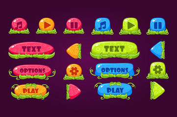 Colorful set of various buttons for computer game or mobile app. Play, pause, sound, options, board for menu. Place for text. Flat vector design for gaming interface