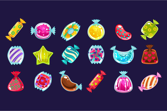 Collection of various colorful candies in glossy wrapper. Flat vector design for computer or mobile game. Cartoon sweet elements for gaming interface