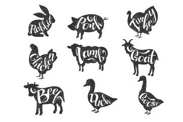 Vintage vector labels with silhouettes of farm animals with lettering. Rabbit, pork, turkey, chicken, lamb, goat, beef, duck, goose. Monochrome emblems for butcher shop