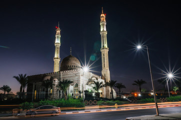 Fototapeta na wymiar Mosque Masjid al-Mostafa in town of Sharm el Sheikh in Egypt at night illumination