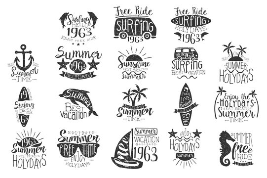 Vector set with hand drawn emblems for summer vacation. Monochrome dolphins, sunglasses, surfboard, van, anchor, sun, palms, seahorse, boat and sea stars with lettering