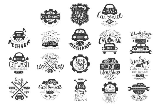 Vector set of vintage car emblems with hand lettering. Stylish monochrome labels. Typographic design for auto repair service or car wash. Textured grunge logo