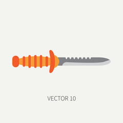 Color flat vector diver underwater equipment icon frogman knife. Retro style. Ocean deep, sea beach. Snorkeling. Summer adventure vacation. Scuba. Illustration, element for your design and wallpaper