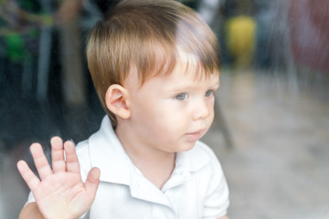 Small blond boy behind glass