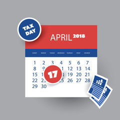 Tax Day Reminder Concept - Calendar Design Template - USA Tax Deadline, Due Date for Federal Income Tax Returns: 17 April 2018