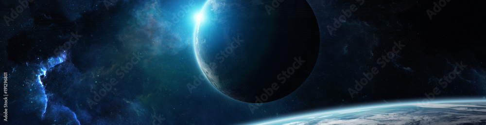 Poster panorama of distant planet system in space 3d rendering elements of this image furnished by nasa