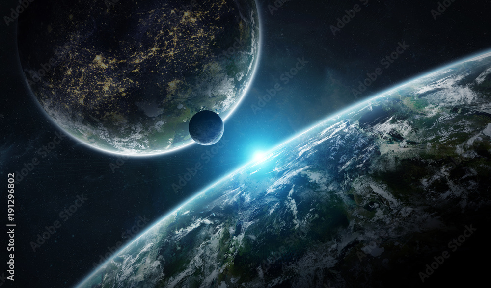 Poster Distant planet system in space with exoplanets 3D rendering elements of this image furnished by NASA