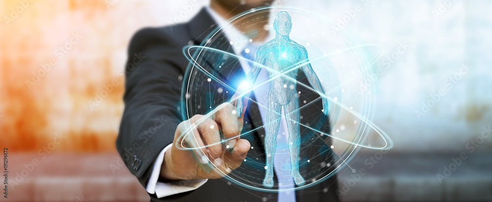 Fototapete businessman using digital x-ray human body scan interface 3d rendering
