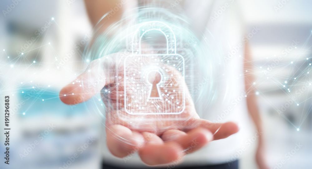 Poster businessman using digital padlock with data protection 3d rendering