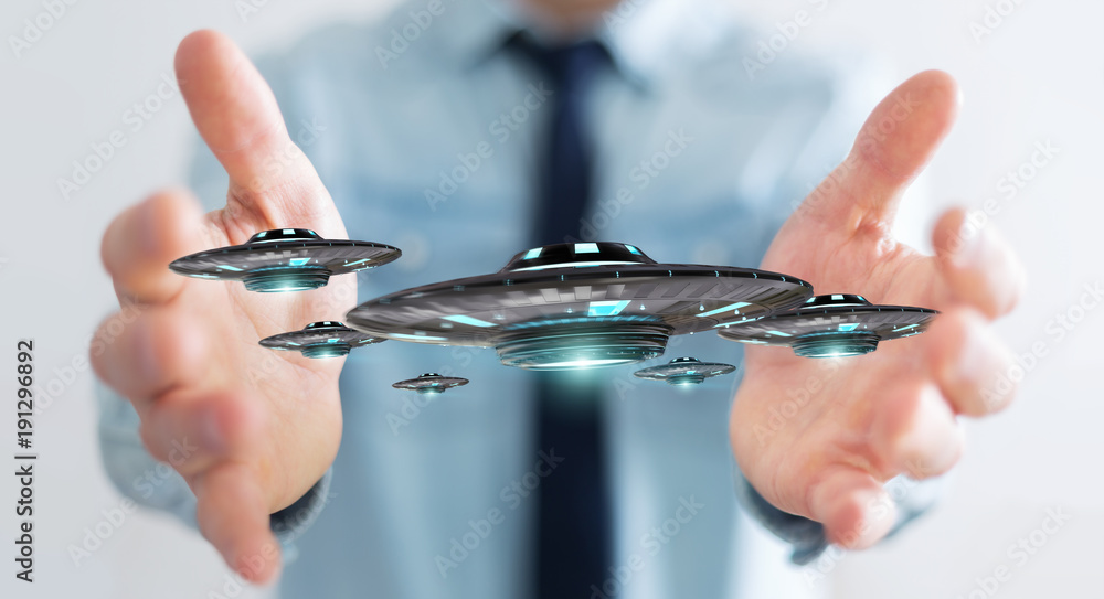 Poster businessman with retro ufo spaceship 3d rendering
