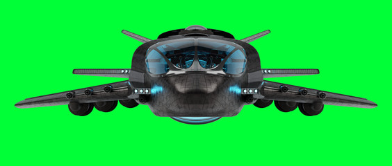 Futuristic spacecraft isolated on green background 3D rendering
