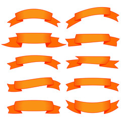 Set of ten orange ribbons and banners for web design. Great design element isolated on white background. Vector illustration.
