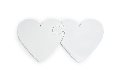 Two hearts puzzle on isolated clipping mask on white background, top view illustration for valentine's day or wedding