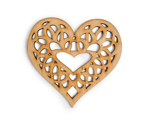 wooden heart isolated on isolated clipping mask on white background, top view illustration for valentine's day or wedding