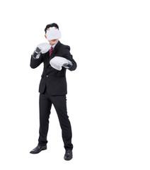 Fototapeta premium Innovation in business.Businessman with mitt in virtual reality headset Prepare to fight isolated on white background.