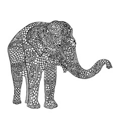 Elephant in asian style. Mandala pattern for adult coloring book. Vector black and white illustration.