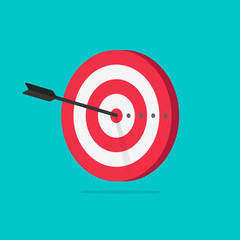 Target aim goal vector icon illustration, flat cartoon target with arrow in center of aim, idea of success goal, competition winner, bullseye shot, victory hit isolated