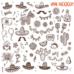 Hand drawn doodles set for Mexican party, Independence day, Cinco de Mayo celebration. Vector elements collection for your design.