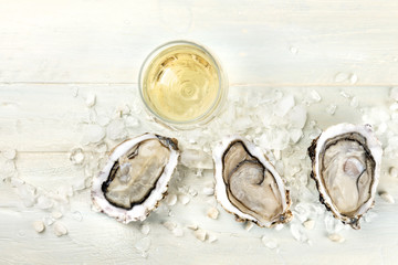 Overhead photo of oysters with wine and copy space