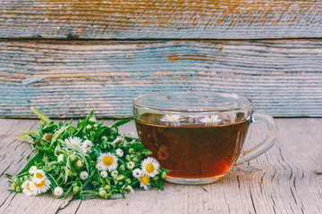 bunch of fresh pharmacy chamomile and Cup of tea with chamomile on wooden background with copy space
