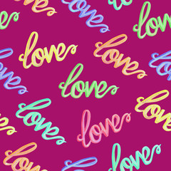 Fototapeta na wymiar Love colorful typography seamless pattern, hand painted watercolor illustration on purple background