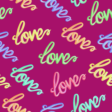 Love colorful typography seamless pattern,  hand painted watercolor illustration on purple background
