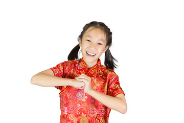 Asian girl wearing red Chinese suit on white background during traditional chinese new year festival,girl with congratulation gesture