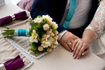 Bride and groom's hands with wedding rings