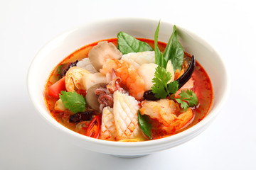 Tom Yum Goong spicy soup on white background, Thai Food