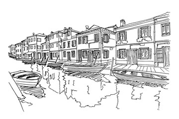 Vector sketch of scene in Venice with channel