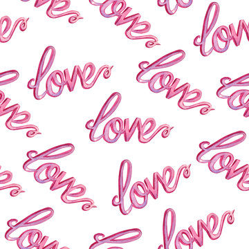 Love typography seamless pattern,  hand painted watercolor illustration on white background