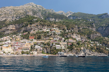  Positano seen from the sea on Amalfi Coast in the region Campania, Italy