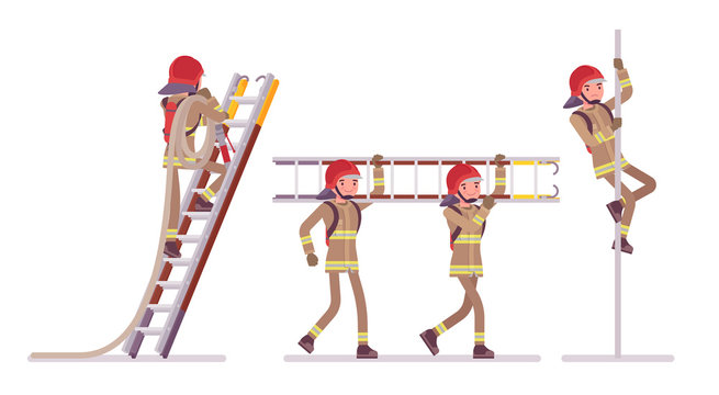 Young male firefighter at ladder and pole