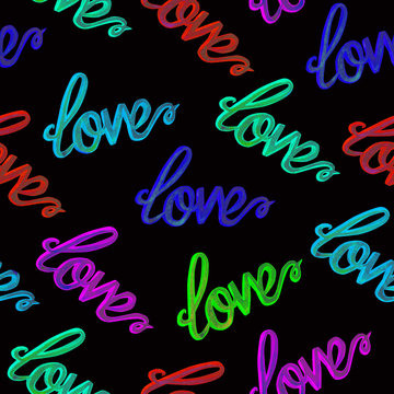 Love colorful  neon typography seamless pattern,  hand painted watercolor illustration on black background