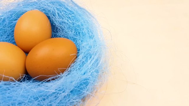 Easter yellow eggs in blue nest on pastel yellow background. Close up minimalism style.