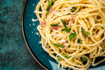 Spaghetti carbonara with egg and pancetta