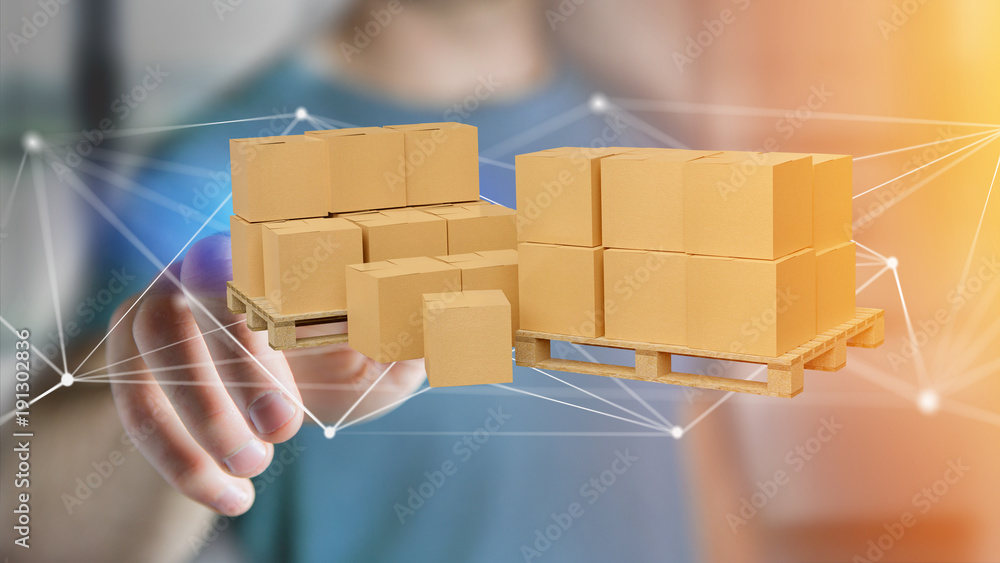 Aufkleber pallet of carboxes with network connection system - 3d render