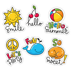 Vector set of cool stickers, patches with food and summer symbols.