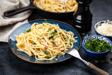 Spaghetti carbonara with egg and pancetta