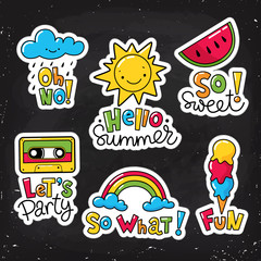 Set of vector stickers, patches with lettering, food and summer symbols.